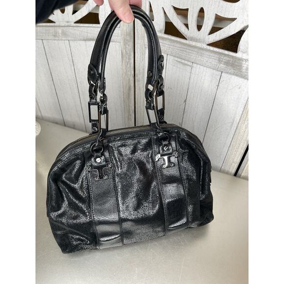 Tory Burch Black Sheen Crackle Leather Top Handle Bag Chunky Hardware Y2K - Picture 2 of 11